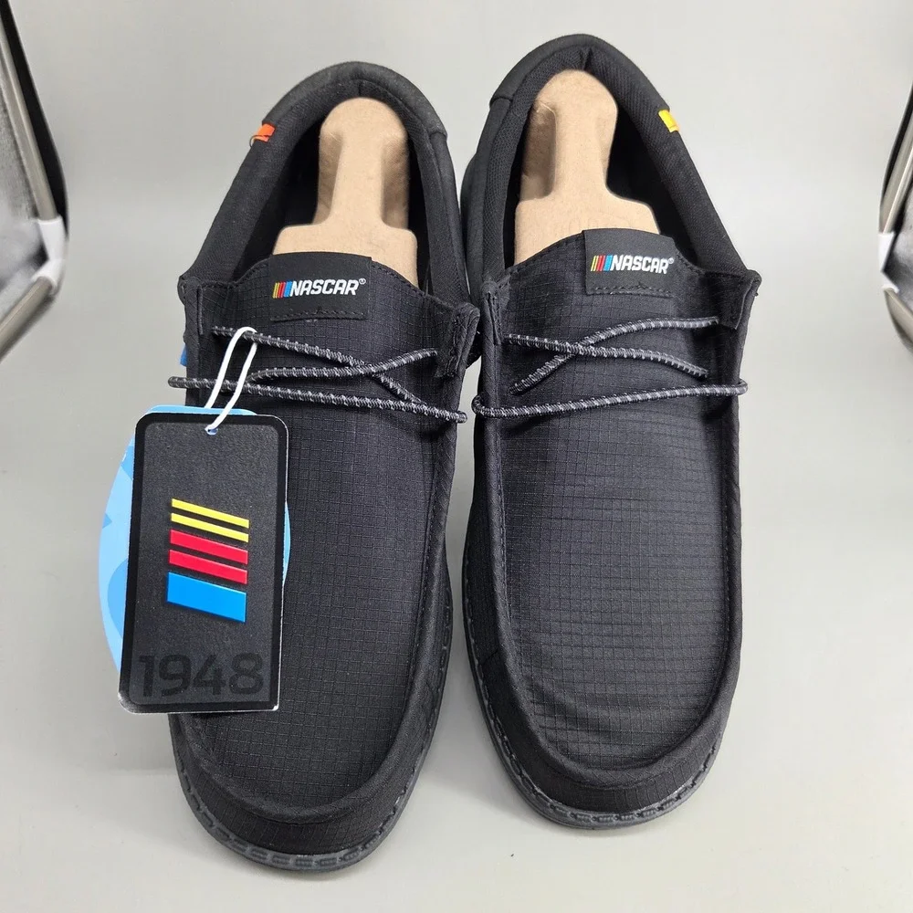 Hey Dude Wally NASCAR Shoes Mens Size 12 Black Ripstop Slip On‎ Loafers NWT